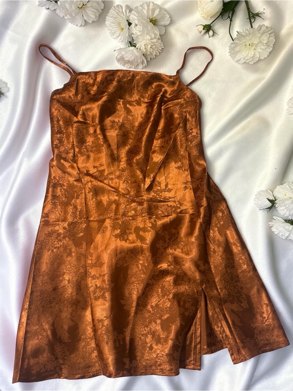 Princess Polly Satin Jacquard Dress in Copper Brown